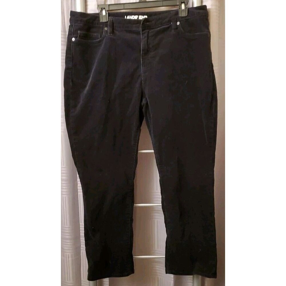 LANDS END Corduroy Pants Women's 16P Black Mid Rise Straight Cords Classic